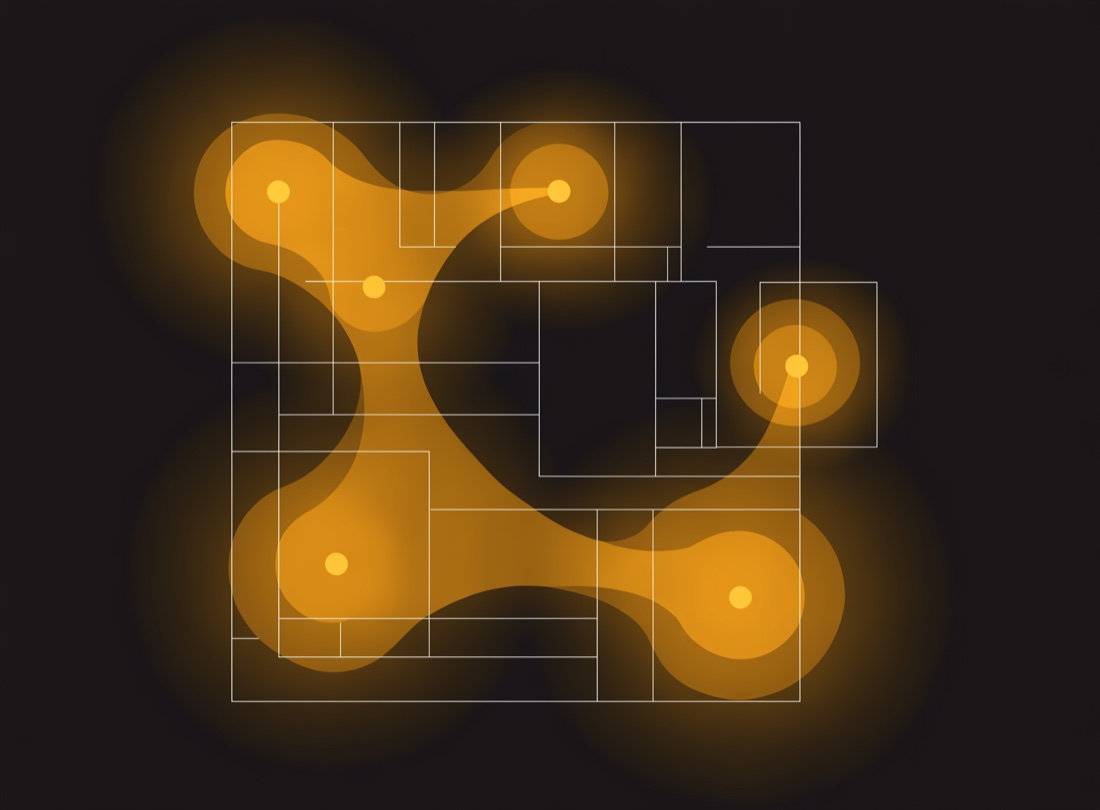 Illustrative Wi-Fi coverage heat-map showing signal coverage blooming from access points across a floor plan