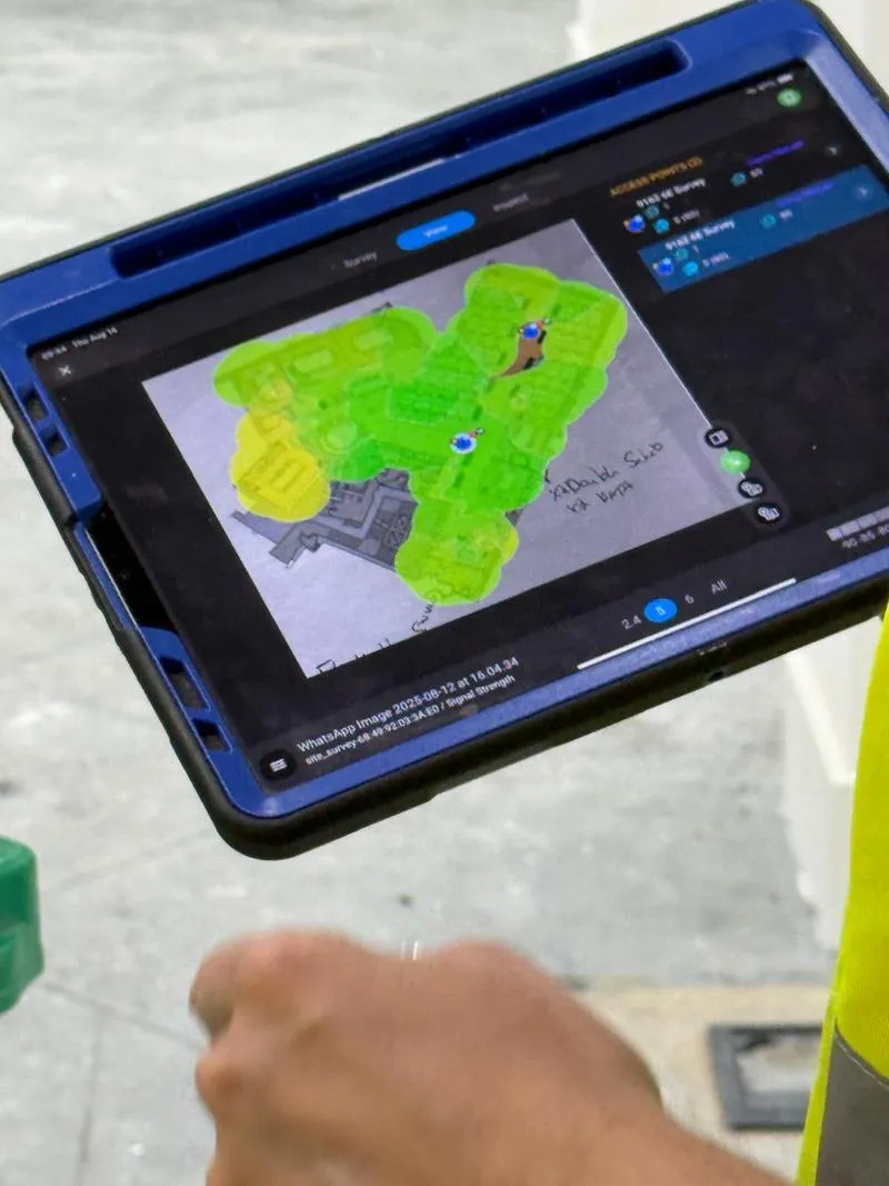 An engineer in a hi-vis vest holding a tablet showing a live WiFi coverage heatmap over a floor plan