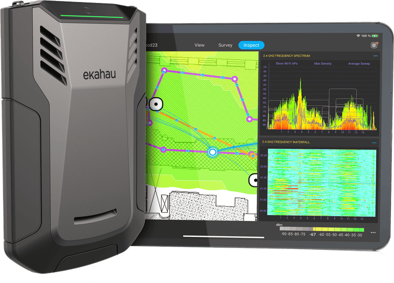 An Ekahau Sidekick beside a tablet showing a recorded survey path over a floorplan, a 2.4 GHz frequency spectrum and a frequency waterfall