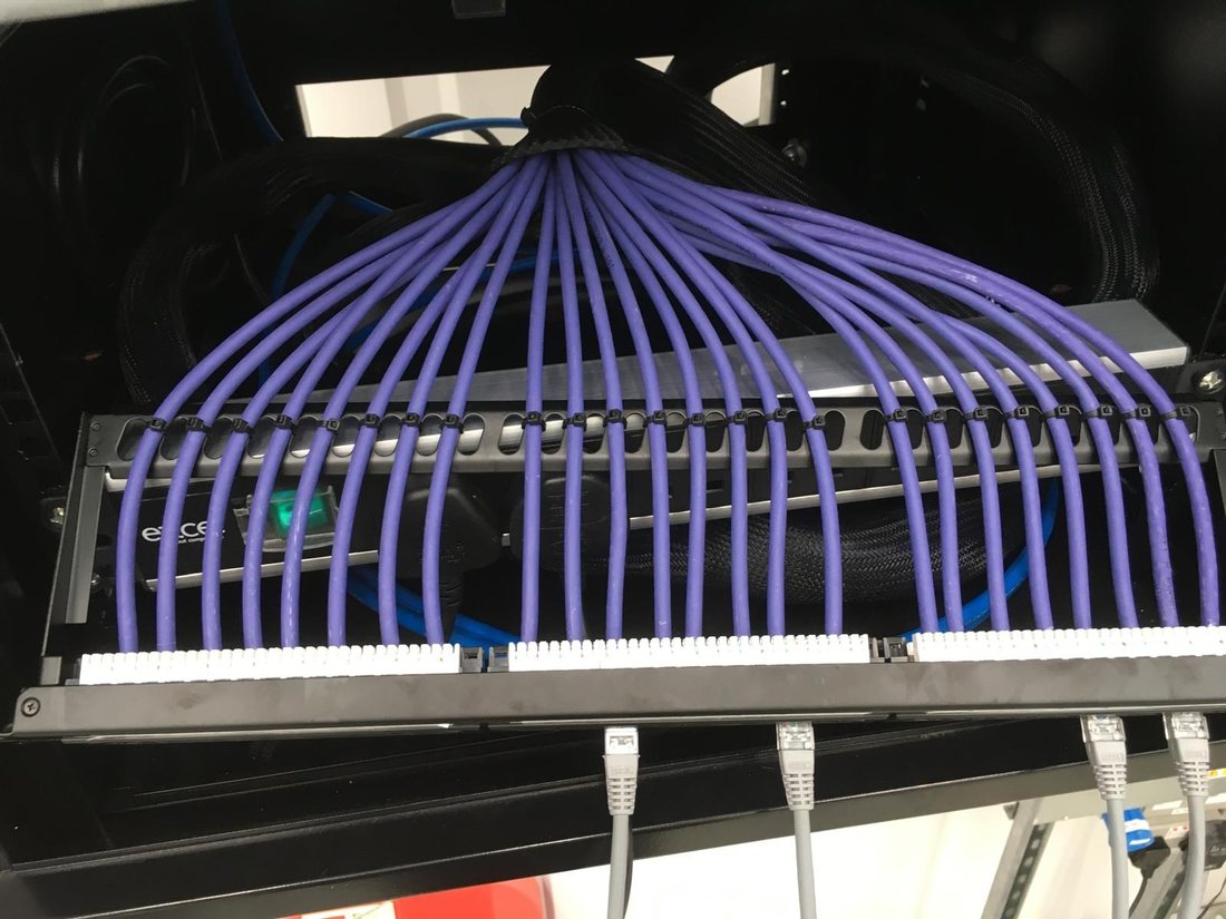 The rear of a patch panel with around thirty violet Cat6 cables dressed through a management bar and punched down onto the block in order