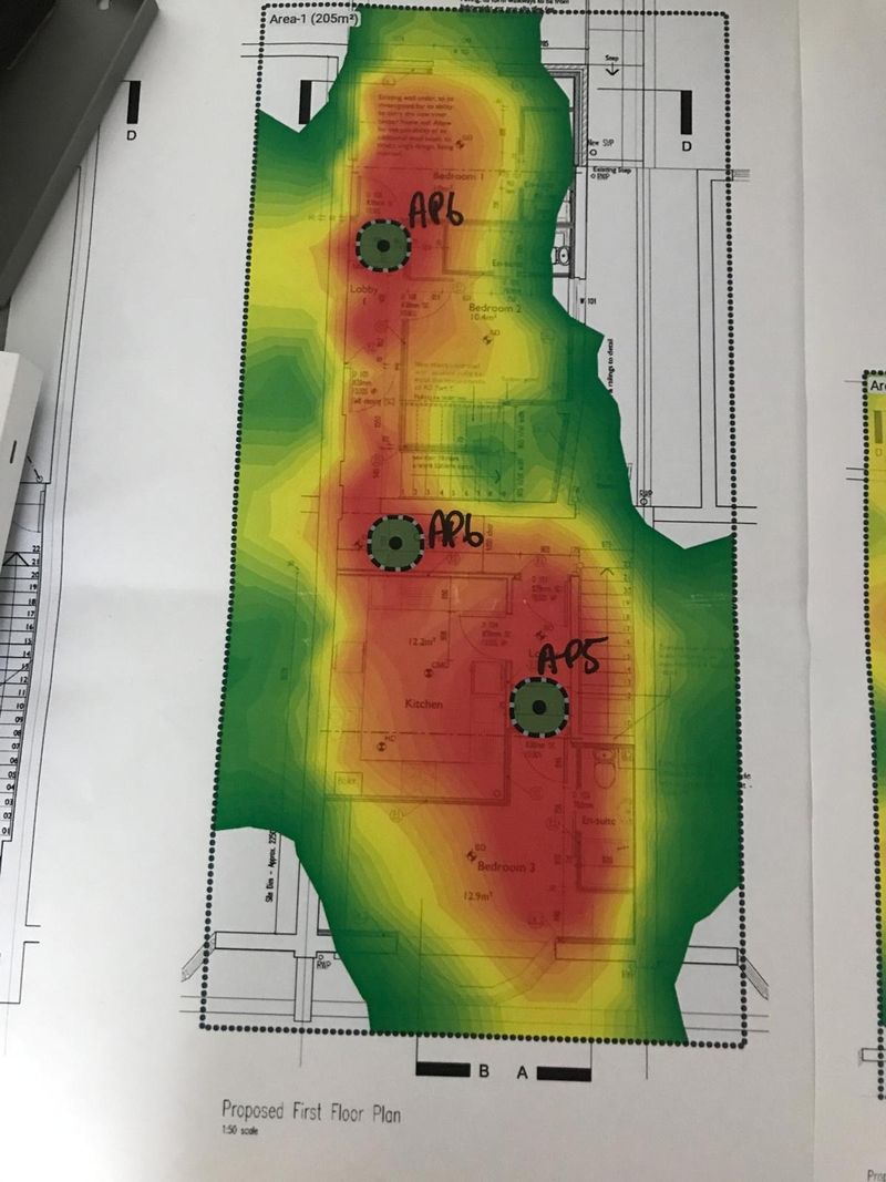 A predicted coverage heatmap over a proposed first floor plan of a residential conversion, shading from green at the edges through yellow to red around three marked access point positions labelled AP5 and AP6