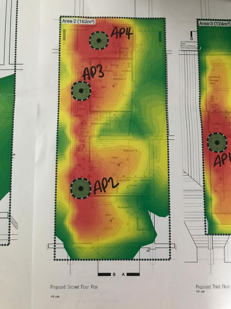 A predicted coverage heatmap over a proposed second floor plan of the same building, with three access point positions marked AP2, AP3 and AP4